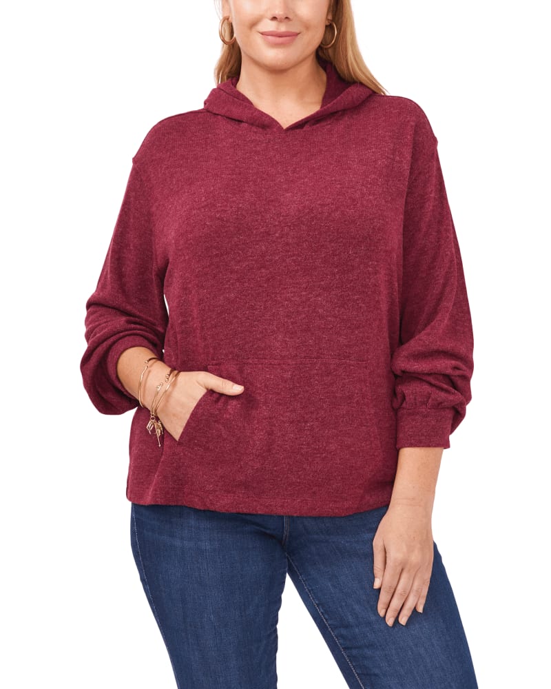 Front of a model wearing a size 0X Allison Pullover Hoodie in RUBY PLUME by 1.State. | dia_product_style_image_id:261990